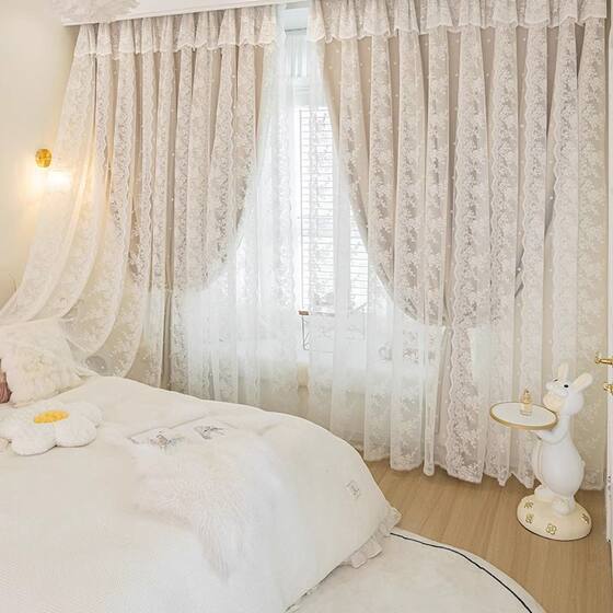 Floating Window Floor-to-ceiling Window European Style Small Fresh Double-layer Bedroom Curtain Shading Cream Style Fabric Yarn Integrated Milk Tea Color Girl