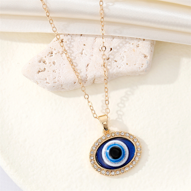 retro simple rhinestone oval eye necklace blue Turkish devil eye clavicle chain