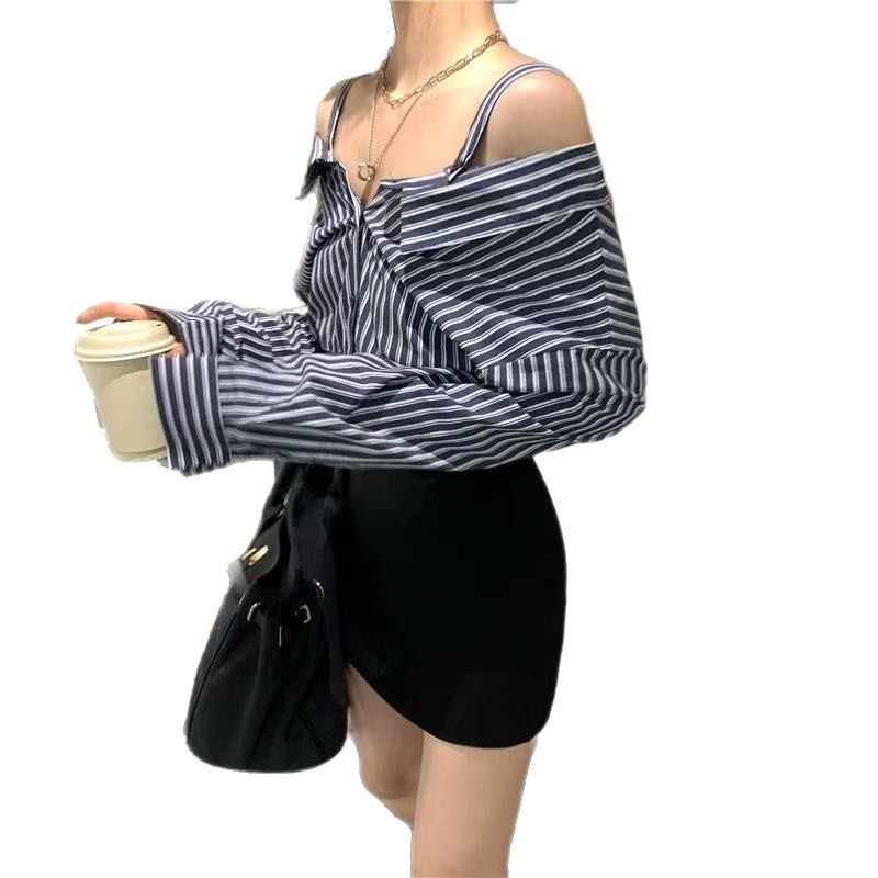 假两件拼接一字肩吊带长袖连衣裙女2025秋季新款短裙条纹衬衫裙子|undefined