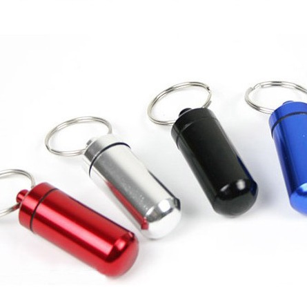 Al Aire Libre nuevo llavero exótico portátil píldora titular caja regalo promocional Ronda de primeros auxilios de aleación de aluminio botella de píldora frasco de medicina