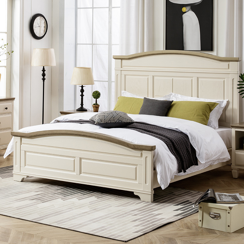 White full solid wood bed simple modern cream style French retro American Nordic Japanese style double master bedroom light luxury