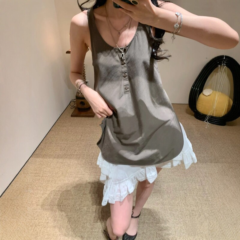 Minimalist Style Relaxed Lyocell Silk-Like Vest Top with Extra-Long Flared Skirt and Slit Dress