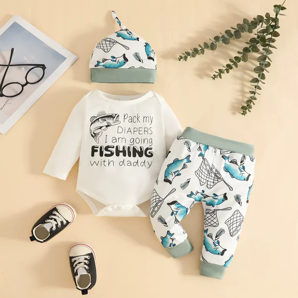 European and American Style Baby Letter Long-Sleeve Romper + Cartoon Fish Long Pants + Hat Three-Piece Set Long-Sleeve Long Pants Outfit