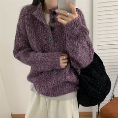韩系软糯半开领毛衣女2025新款秋冬休闲宽松慵懒花风纱针织上衣潮