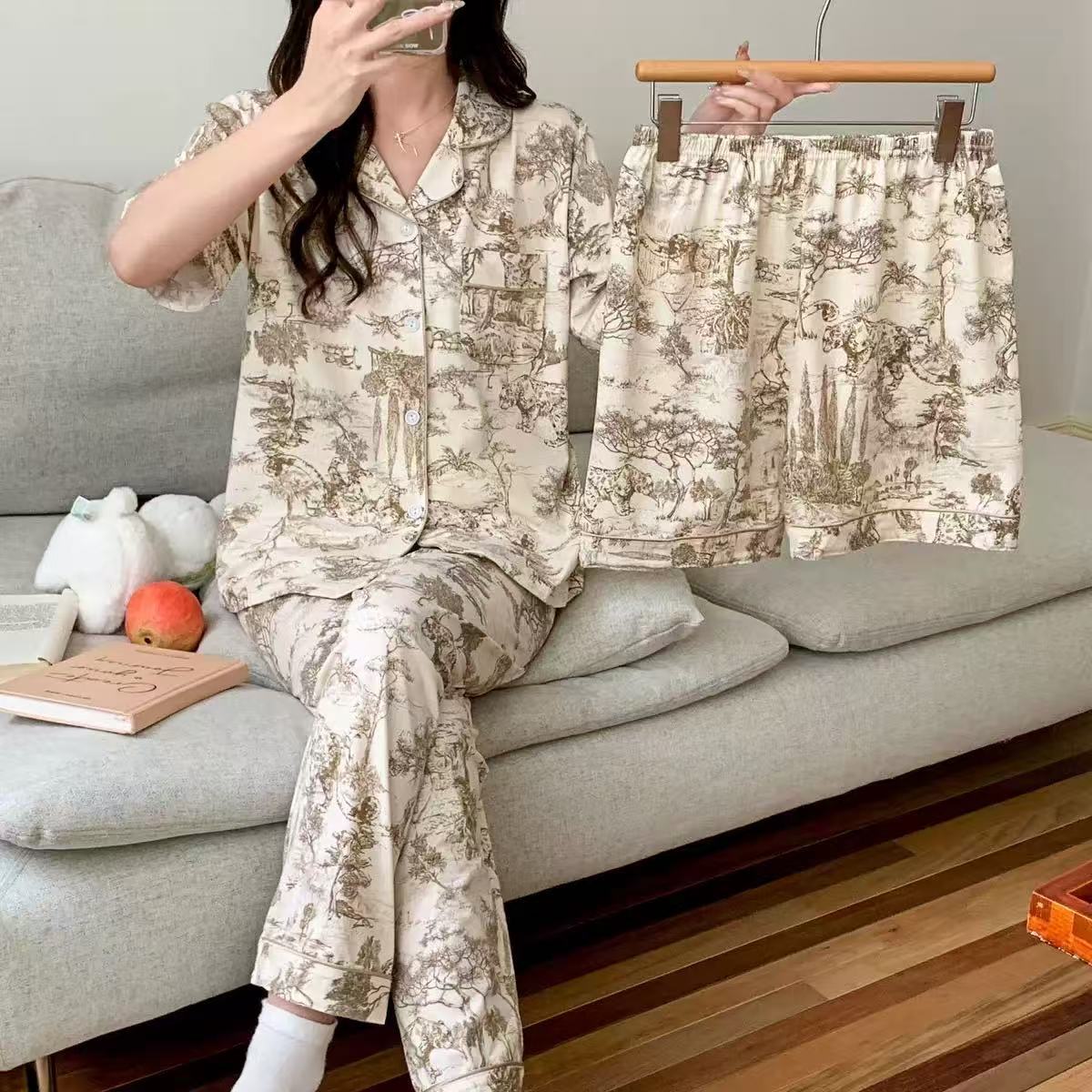 Pijamas de verano de las mujeres delgados pantalones de manga corta cardigan conjunto de tres piezas popular en línea nuevo traje de desgaste de casa de verano image 49