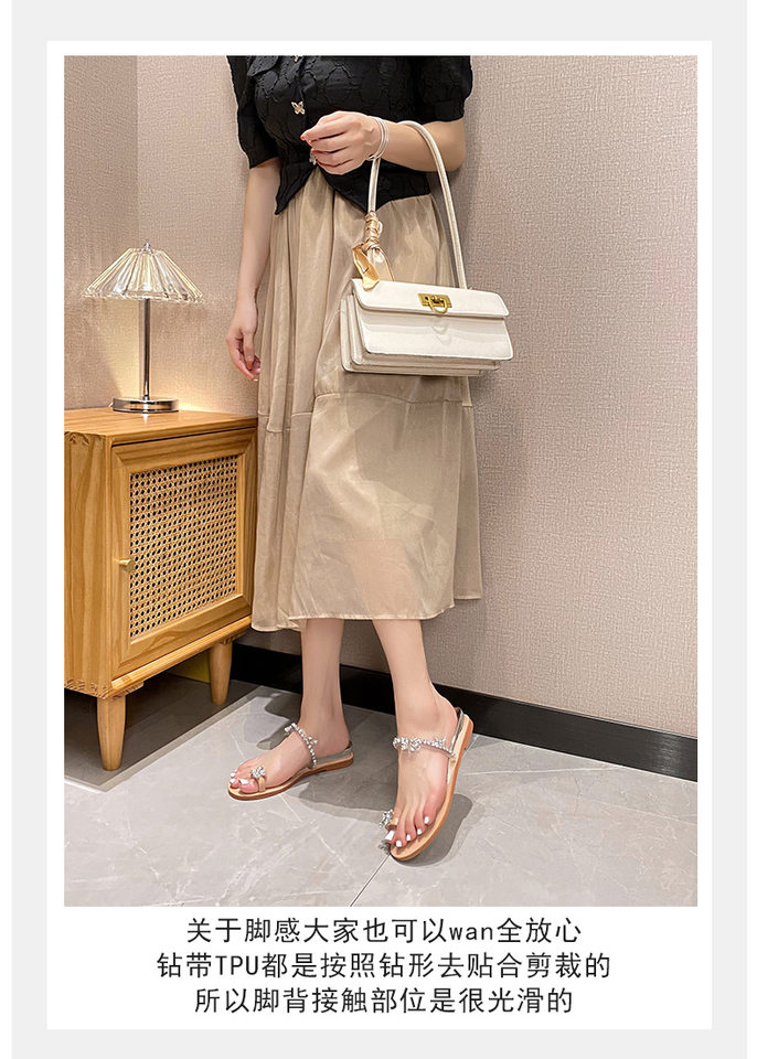 Dép sandal nữ quai ngang xỏ ngón đế mềm gót dốc đính đá lấp lánh đi ngoài — Màu bạc, Màu nude chi tiết 18