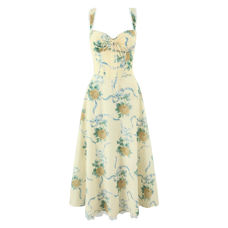 7496-25 Spring New French Retro Style Fresh Cotton Printed Lace Splicing Long dress 7496-25 Spring New French Retro Style Fresh Cotton Printed Lace Splicing Long dress