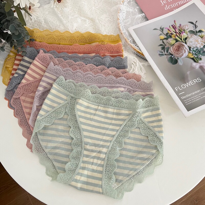 【Thick Style】Japanese-Style Mid-Waist Breathable Girls' Panties with Slit Lace Trim Modal Striped Student Party Underwear for Women