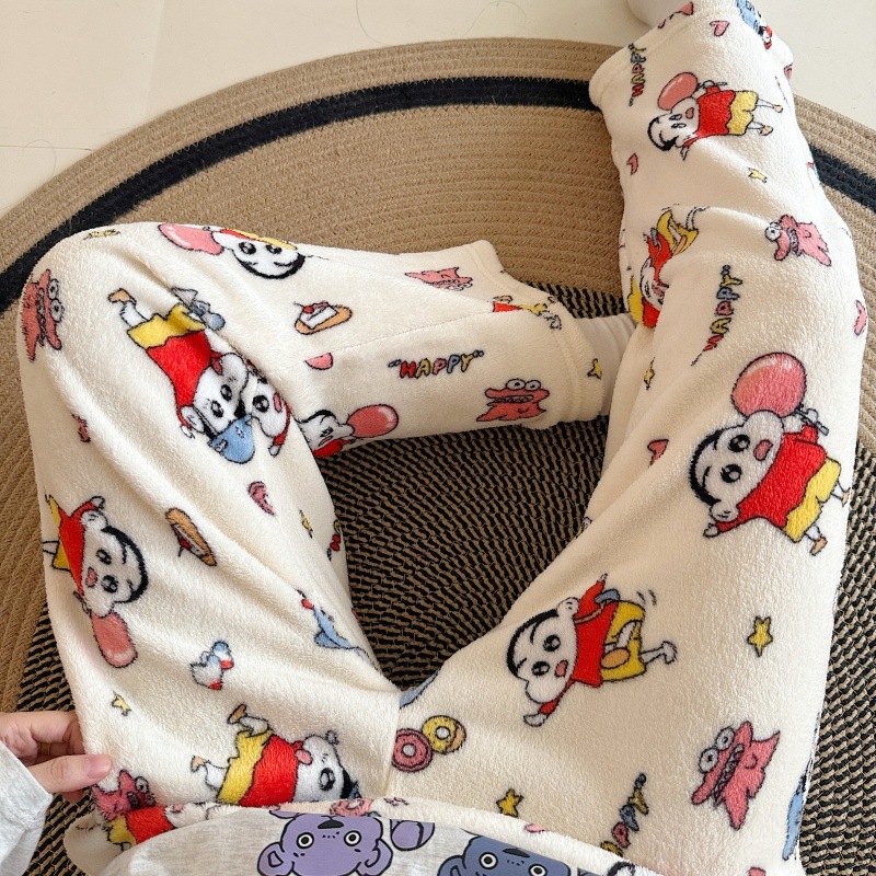 Pijamas de lana de coral otoño y invierno engrosados de goma de brida impresa suelta de dibujos animados calentamiento casual pantalones caseros de mujer