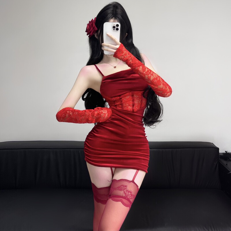 Golden Night Sexy Underwear Red Christmas Sexy Pure Velvet Sleeping Clothes Uniform suit qqny Slim Hip Dress
