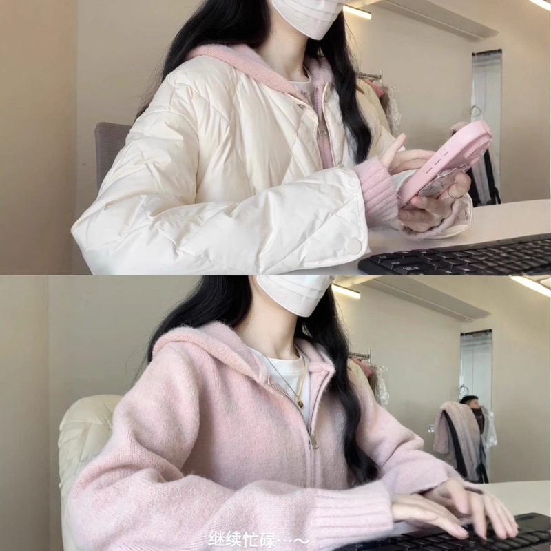 Pink Hooded Knitted Coat Women's Autumn and Winter Loose Lazy Style Double Zipper Sweater Spring Cardigan Short Top
