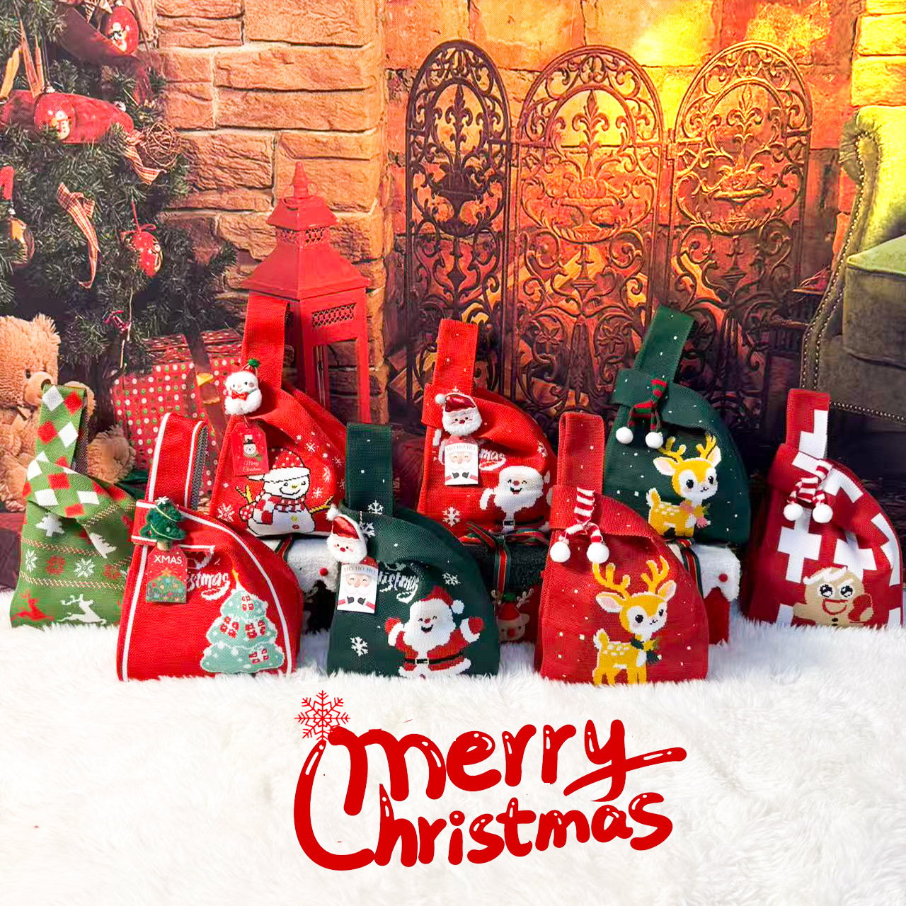 新款圣诞节针织礼品袋手提包平安夜糖果袋手腕包编织袋儿童礼物袋