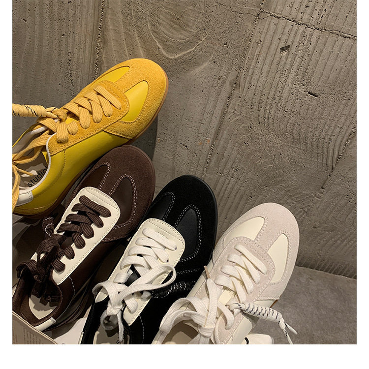 Giày sneaker nữ da bò phối màu mũi tròn dây buộc tăng chiều cao — Màu trắng nhạt, màu sô cô la, màu vàng, màu đen chi tiết 41