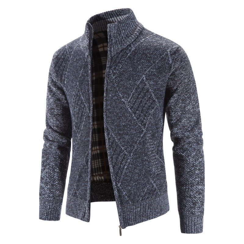 Cárdigan de punto para hombre para otoño e invierno, suéter para hombres de mediana edad y mayores, cuello alto informal, suéter jacquard de manga larga para hombre.