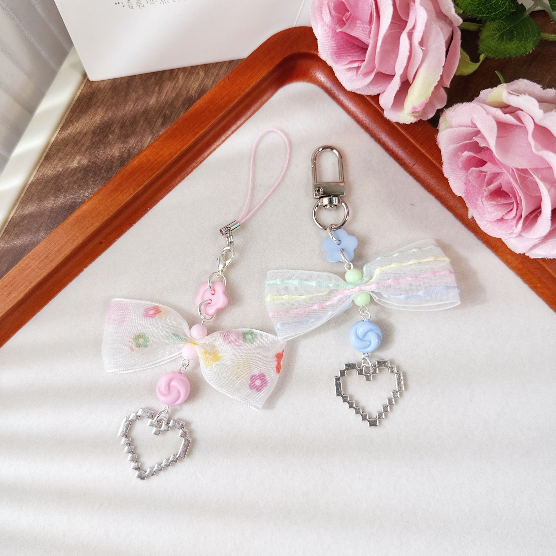 Original Sweet and Cute Colorfulful Snow Gauze Bow Heart Mobile Phone Chain Pendant Keychain Guben Bag Pendant