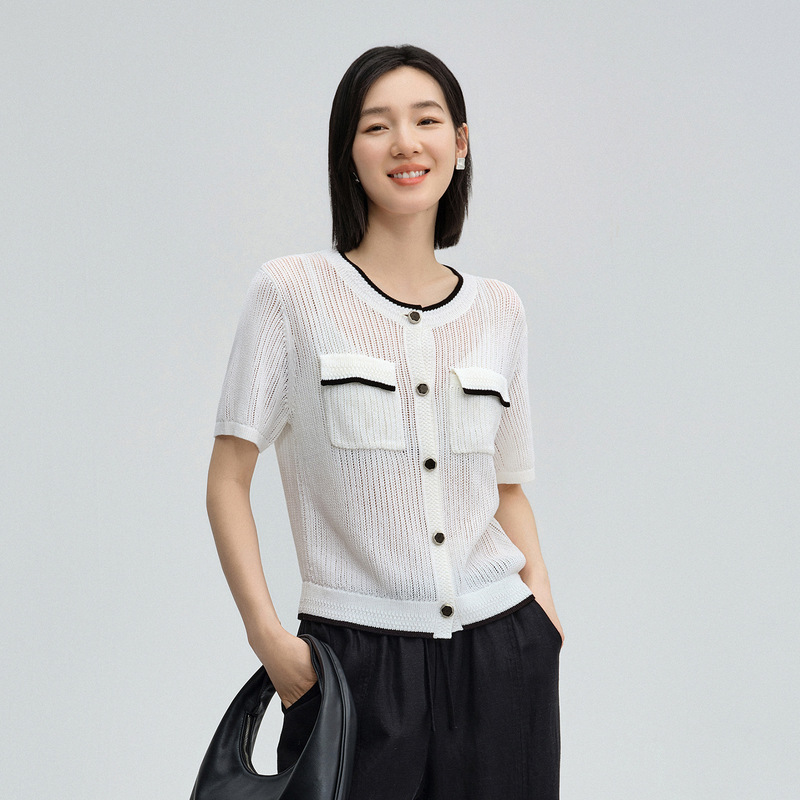 Chanel-Style Color-Block Knit Cardigan for Women, Summer 2026 New Korean Style, Lazy Chic, High-End Feel, Casual Short-Sleeve for Work and Leisure