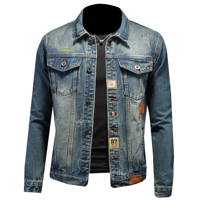 Denim Frühling und Herbst neue europäische Herren Revers Slim Fit gewaschen Denim Trend Jacke 8530_voghion.com