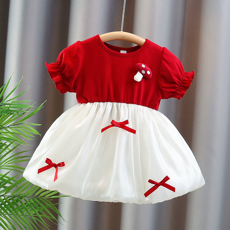  Summer children's short sleeve dress, girl's skirt with bow, with short sleeve