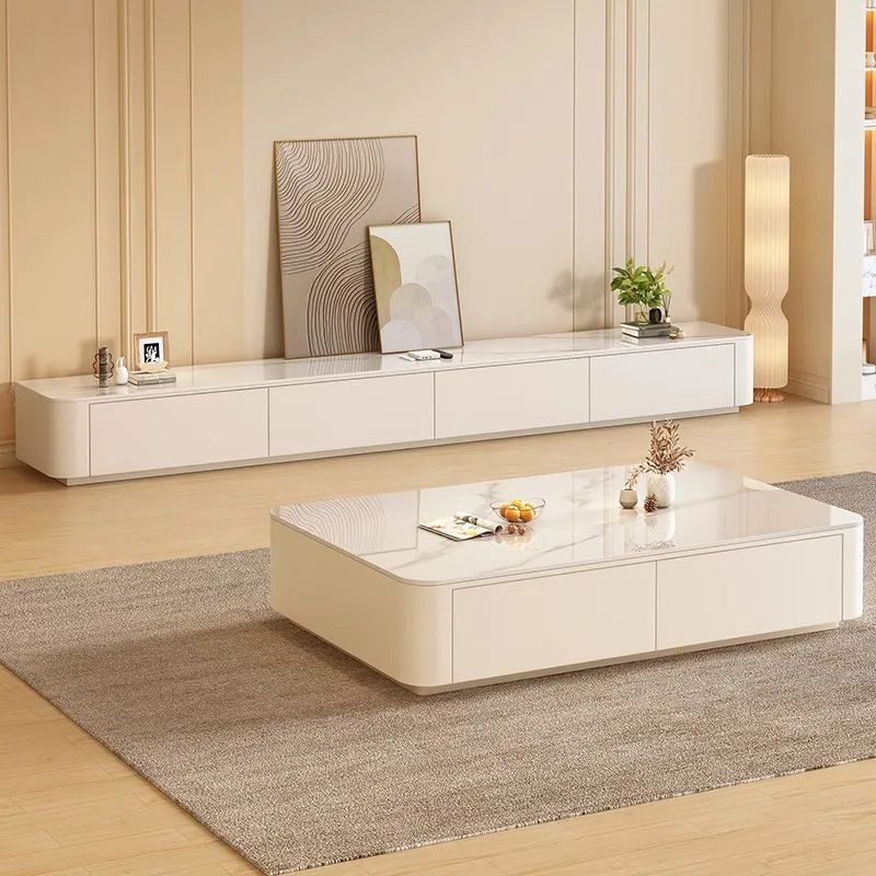 Cream Style Home Living Room Small Apartment Floor-Standing Tempered Glass Coffee Table Tv Cabinet Combination Living Room Tv Cabinet Set