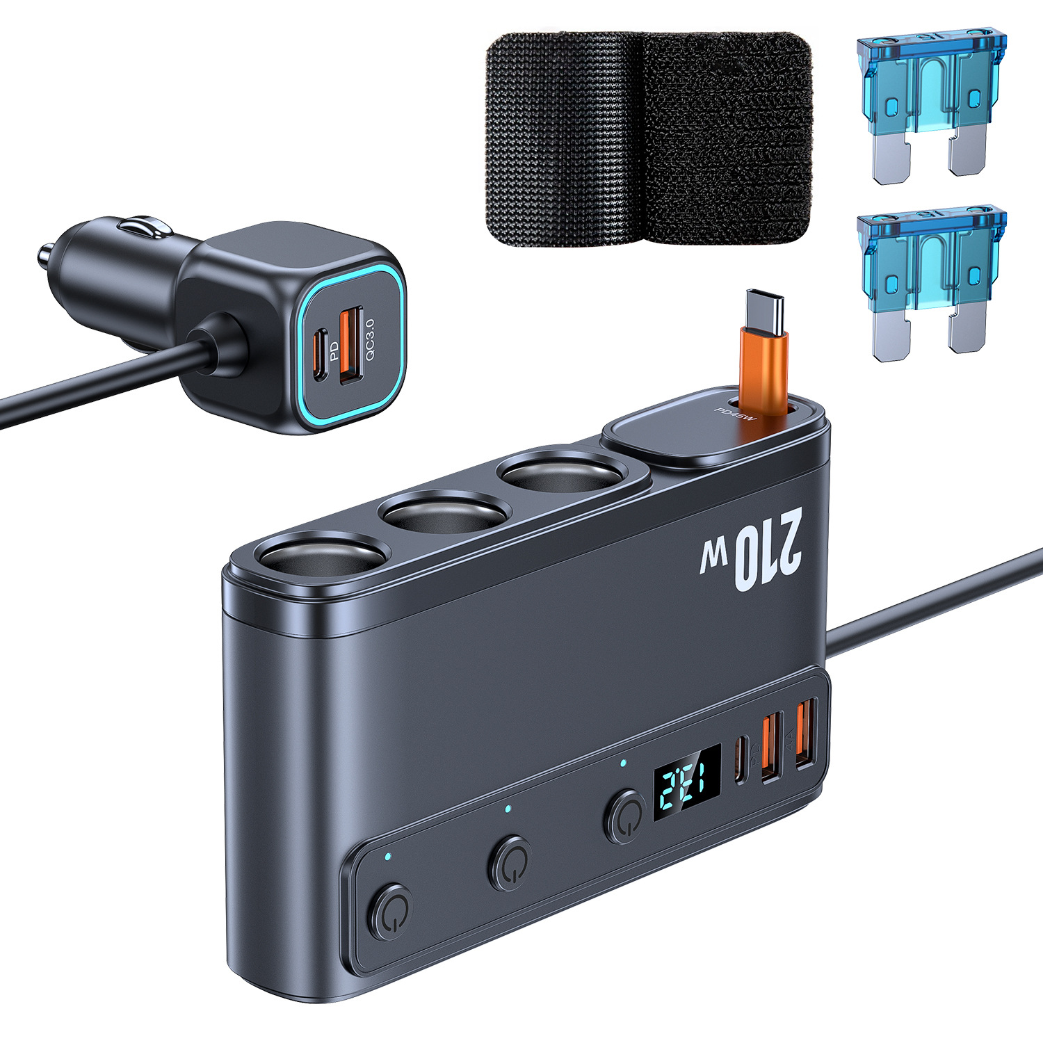 New 228W One-To-Three Car Cigarette Lighter with Retractable Cable, Fast Charging Head, Voltage Display, Car Conversion Adapter