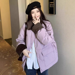 紫色翻领拼接加厚灯芯绒棉服外套女冬季高级感宽松小个子棉衣棉袄