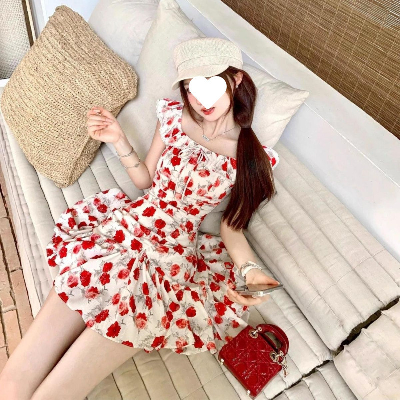 フレンチレトロ花柄ドレス女性のための 2025 夏の新しいスタイル小柄な気質ウエスト小さなフライングスリーブショートスカート|undefined