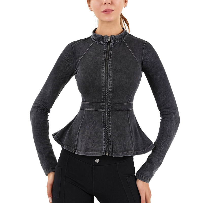 Primavera y verano nuevo Denim yoga cremallera motocicleta cuello alto adelgazamiento francés cintura deportes ropa de entrenamiento