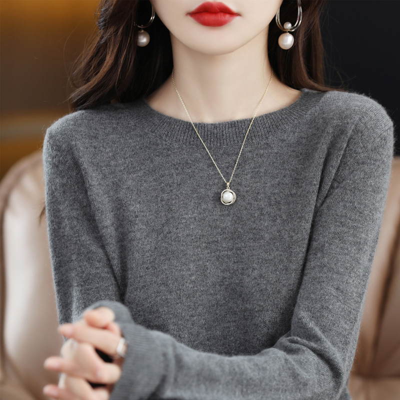Nuevo otoño temprano cuello redondo 100 suéter de lana de las mujeres de moda simple flojo adelgazar punto manga larga que basa la camisa suéter de las mujeres