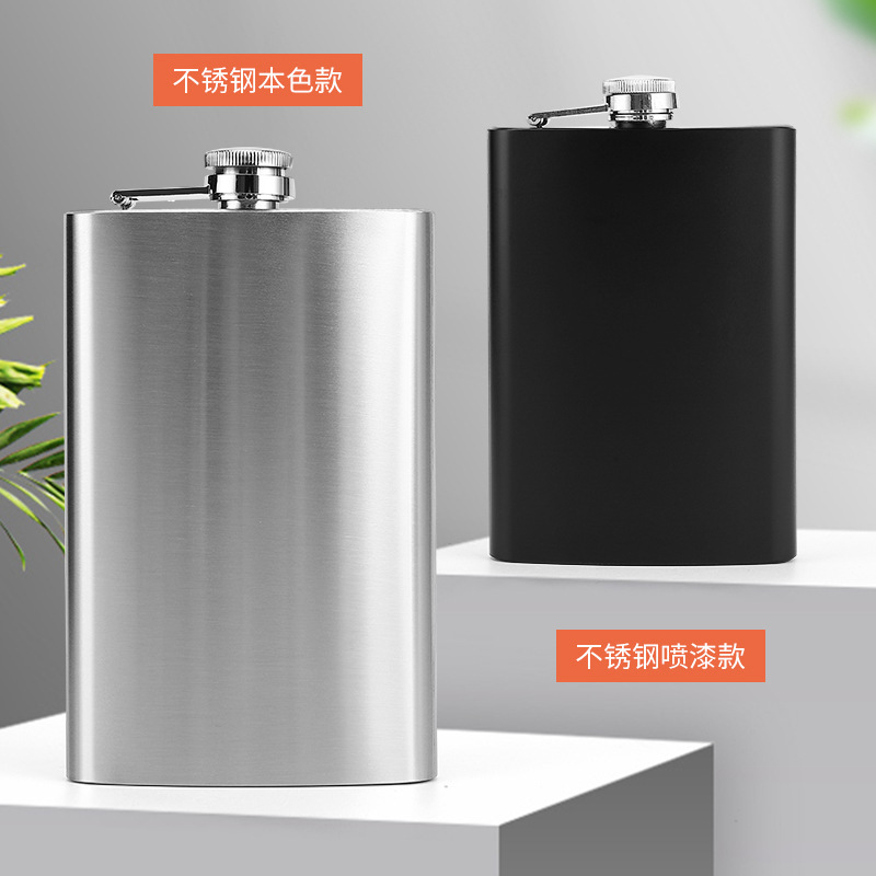 Venta directa de fábrica de cantimplora de vino plana de acero inoxidable de 1-18 oz, botella de vino de acero inoxidable con estuche de cuero, juego de vino portátil para exteriores.