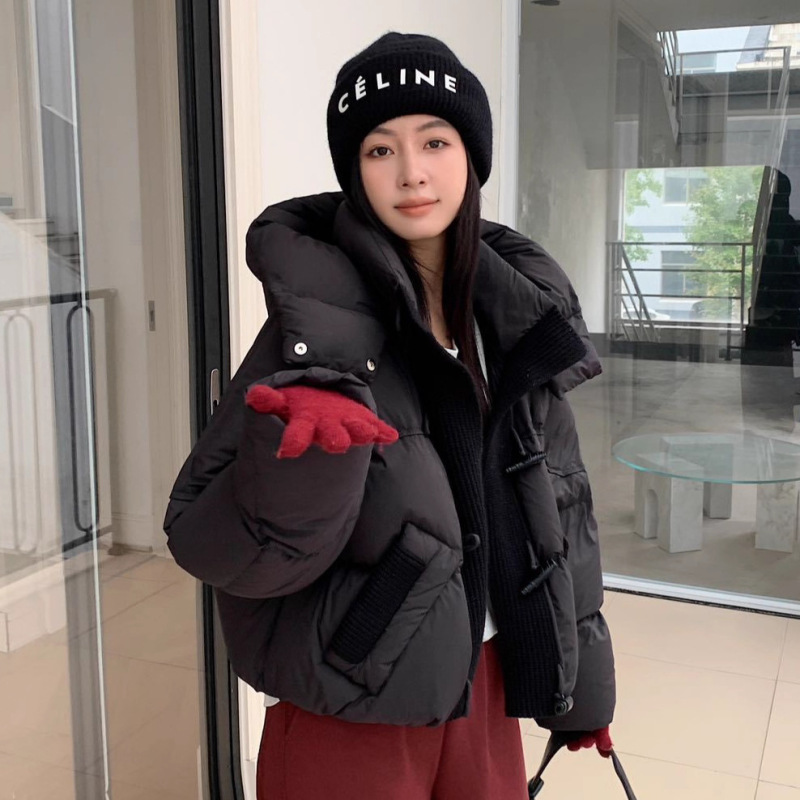 韩版时尚短款加厚白鸭绒面包服女2025新款针织拼接保暖羽绒服外套|undefined