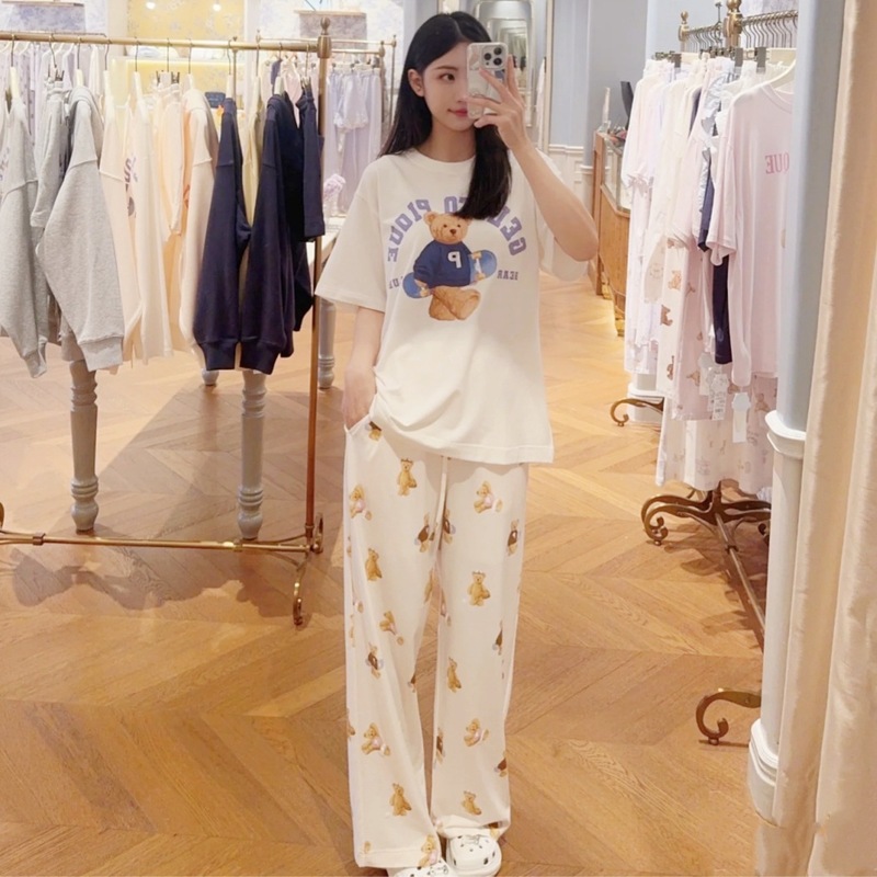 软绵绵冰淇淋新品棉柔软可爱小熊卡通印花圆领短袖女家居服套装|undefined