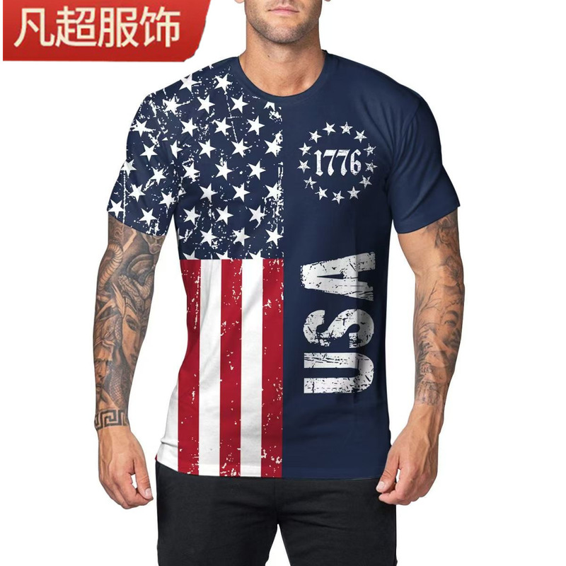 Personality 3D Clothing Amazon Hot Sale Independence Day Carnival Short Sleeve Men's USA Flag 3D Printed T-Shirt Round Neck
