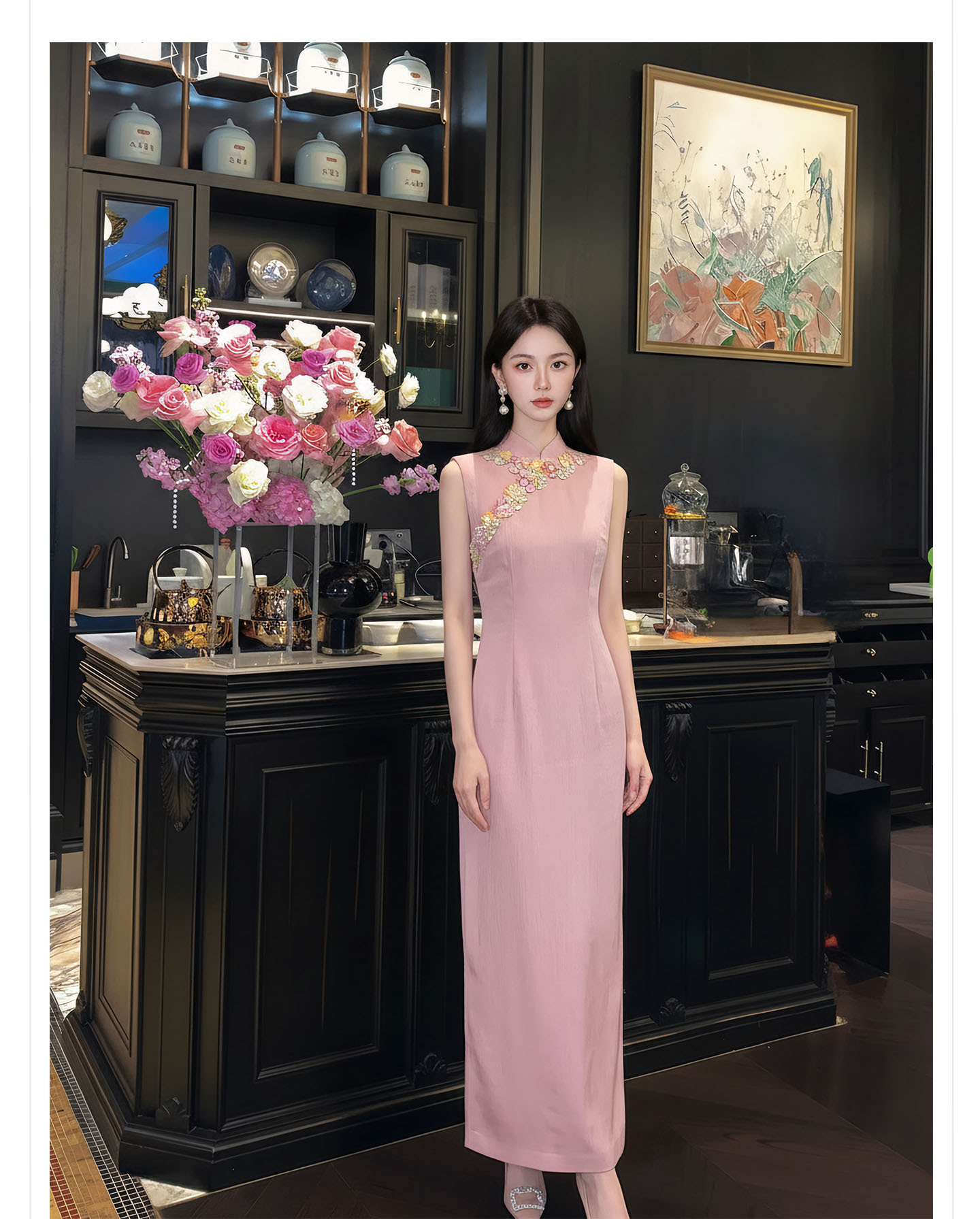 Bộ váy đầm maxi thắt eo kiểu Trung Hoa cải tiến kèm áo khoác choàng tua rua — Trang chủ, bộ đồ, váy liền, váy xanh chi tiết 11