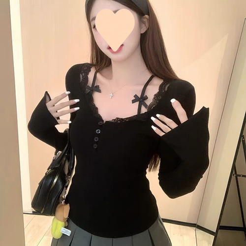 Pure desire fake two-piece long-sleeved shirt, hottie slim slimming lace stitching, short base and inner top for women