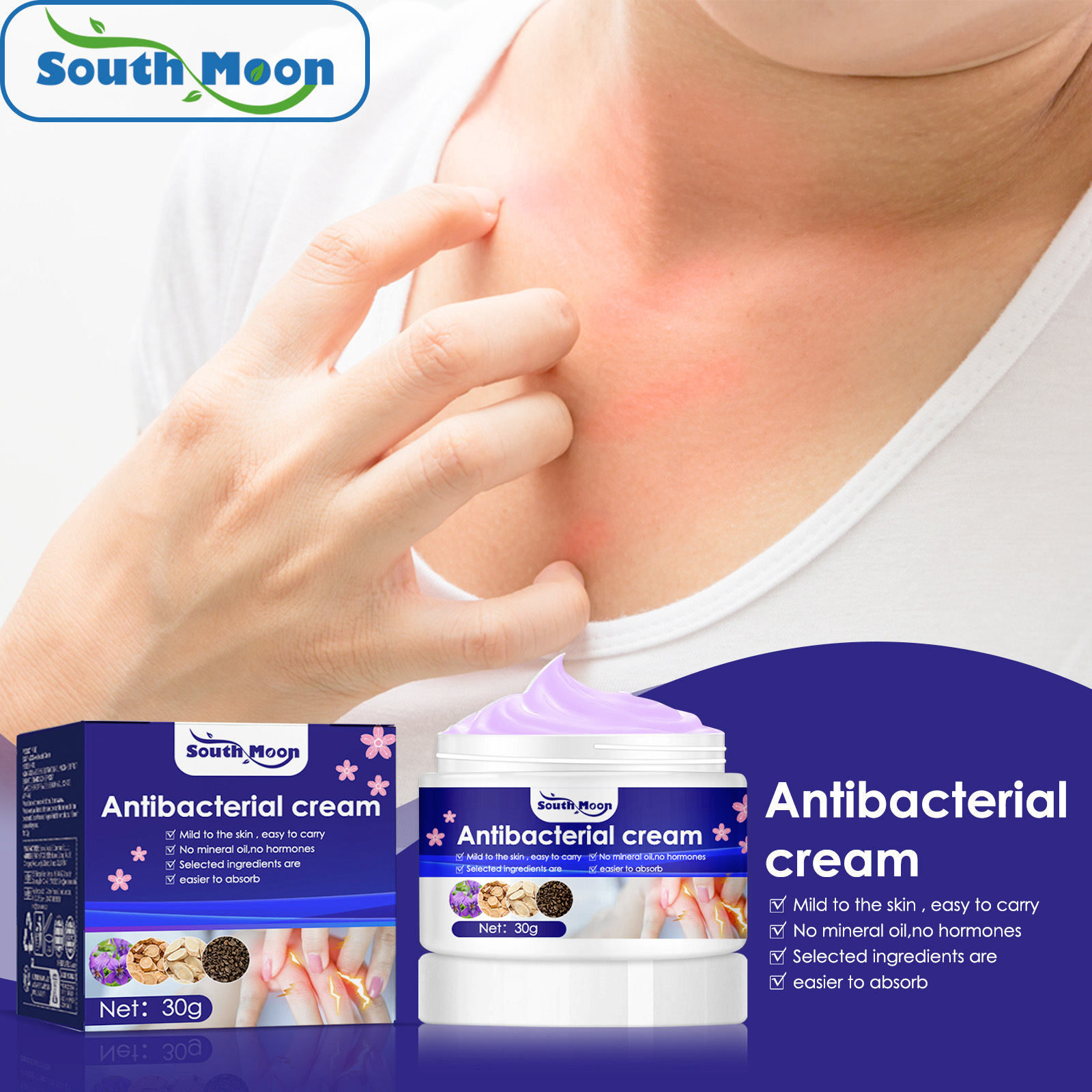 South Moon Purple Flower Skin Itch Relief Cream Antibacterial External Use Mosquito Bites Skin Itch Cream