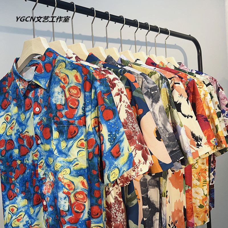 Summer vintage Oil Painting Flower Shirt Men's Short-sleeved vintage Shirt Hawaiian Loose Couple's Coat Trendy