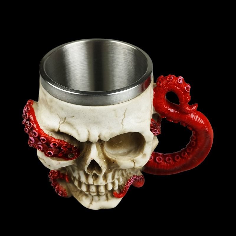 Taza de calavera de personalidad característica de pulpo, taza de forma extraña divertida, taza de agua retro, taza de cerveza de acero inoxidable de Halloween