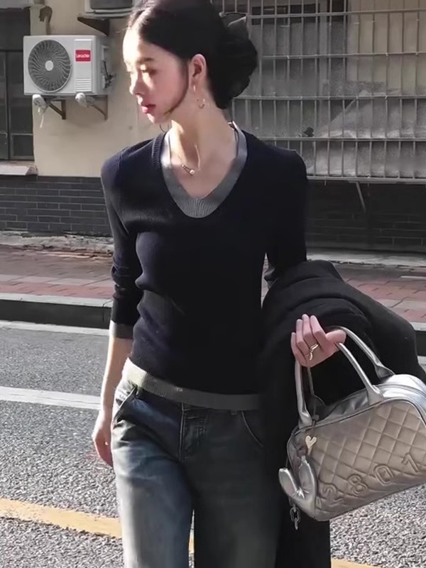 韩系假两件V领针织打底衫女2025新款秋季高级感内搭毛衣修身上衣|undefined