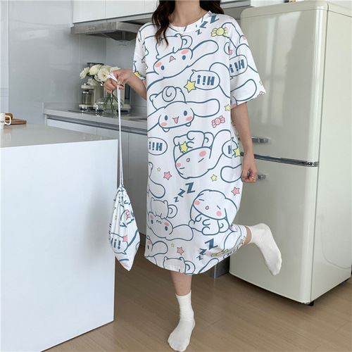 2023年新款牛奶丝睡裙女夏季短袖家居服送布袋宽松卡通中长款睡衣