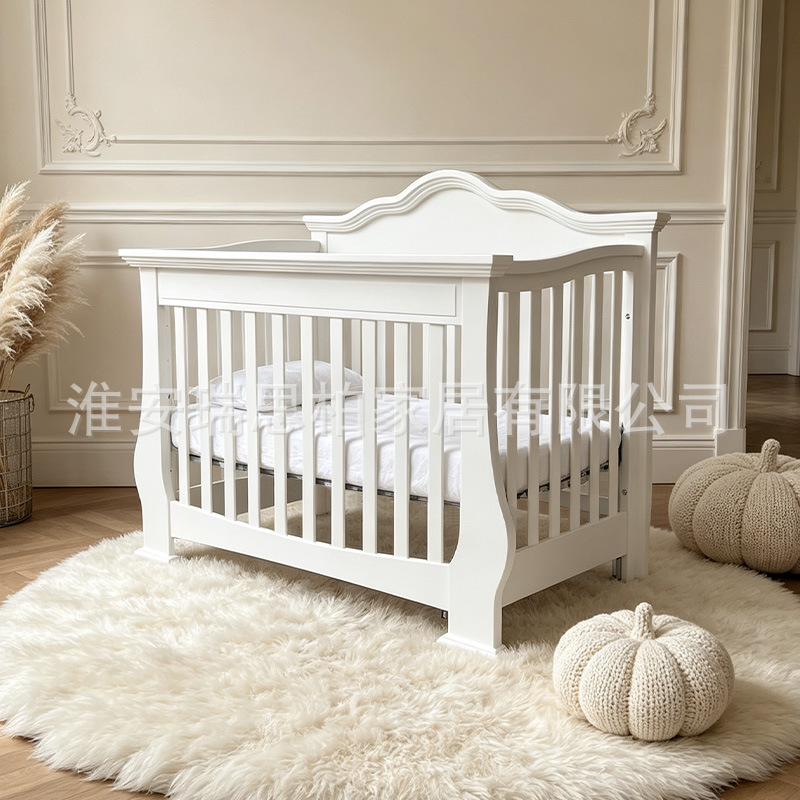 Solid wood baby crib, multifunctional newborn baby bed, adjustable height, metal breathable bed board, factory wholesale