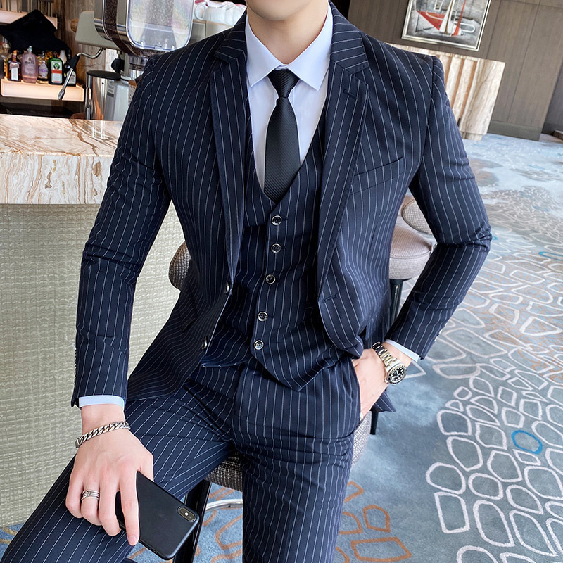 2022 New Men's Suit Suit Men's Three-Piece Korean Style Striped Suit Suit Business Professional Wear Cotton 2022 New Men's Suit Suit Men's Three-Piece Korean Style Striped Suit Suit Business Professional Wear Cotton