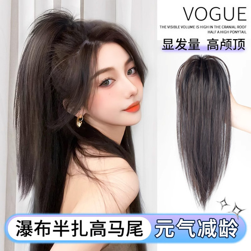 Chicken Coop Waterfall Half-Zipped High Ponytail Wig for Women, Long Hair Simulation, Teenager Style High Ponytail, Lightweight and Fluffy