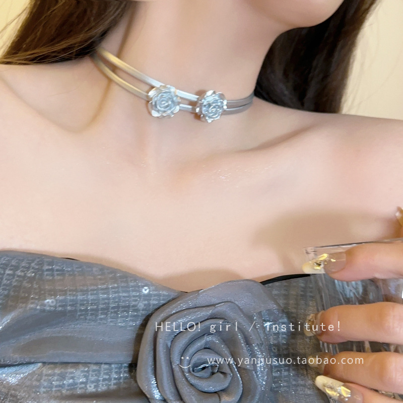 Silver Rose Flower Choker Necklace Image 3