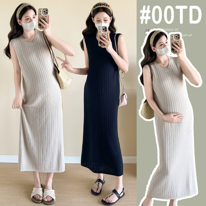 Maternity Wear 2025 Summer New Style Linen Knitted Elegant Backless Sleeveless Cut Out Loose Maternity Dress