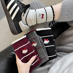 襪子女刺繡小狗中筒襪秋冬季可愛卡通日系泡泡口花邊條紋堆堆襪女
