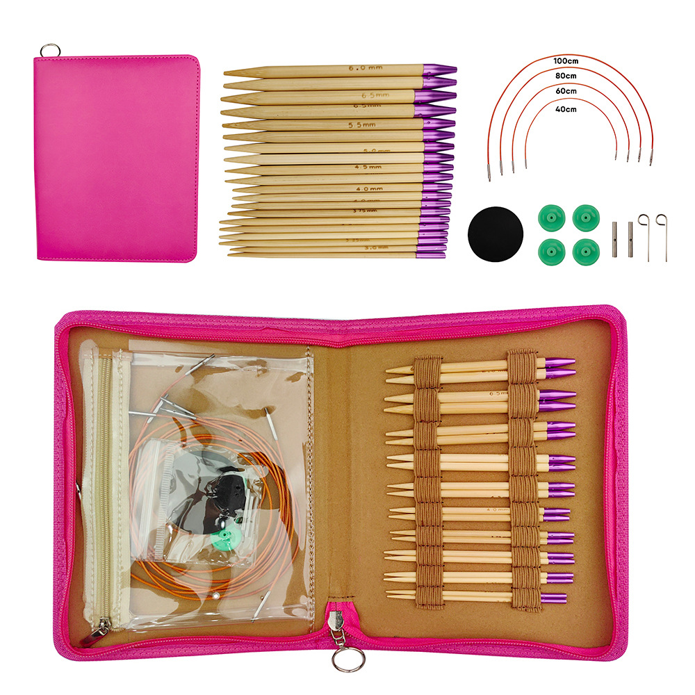 Herramienta de tejer transfronteriza suéter aguja púrpura cabeza blanqueada bambú desmontaje anillo aguja traje 3,0-6,5mm conjunto de 10