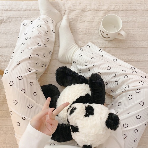 Walking pants!  Slit stripe printed smiley face pajama pants for women, loose four-season home trousers that can be worn outside, casual pajamas pants