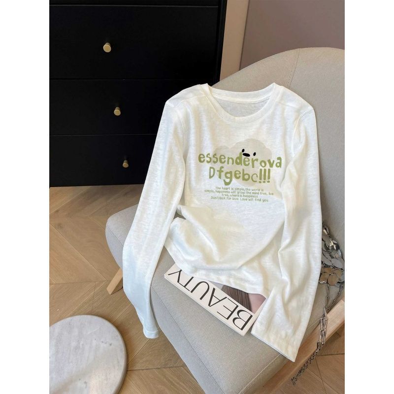 Snowflake Cotton Regular Shoulder Round Neck White Long-Sleeve T-Shirt for Women 2026 New Fashion Versatile Top Base Shirt for Autumn and Winter