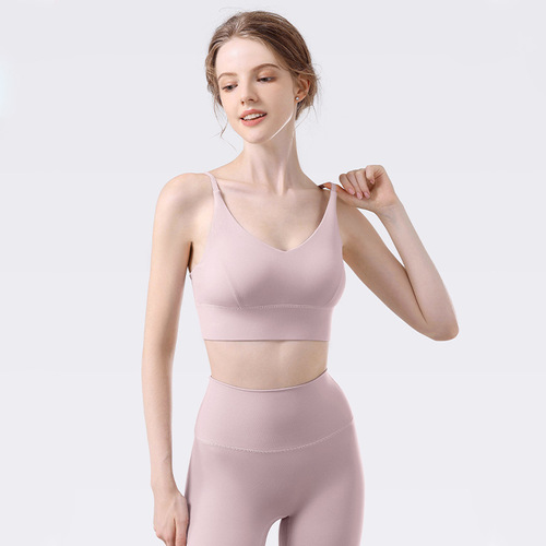Low-intensity backless spaghetti strap sports bra for women, beautiful naked back, seamless outer wear suspender fitness bra wholesale