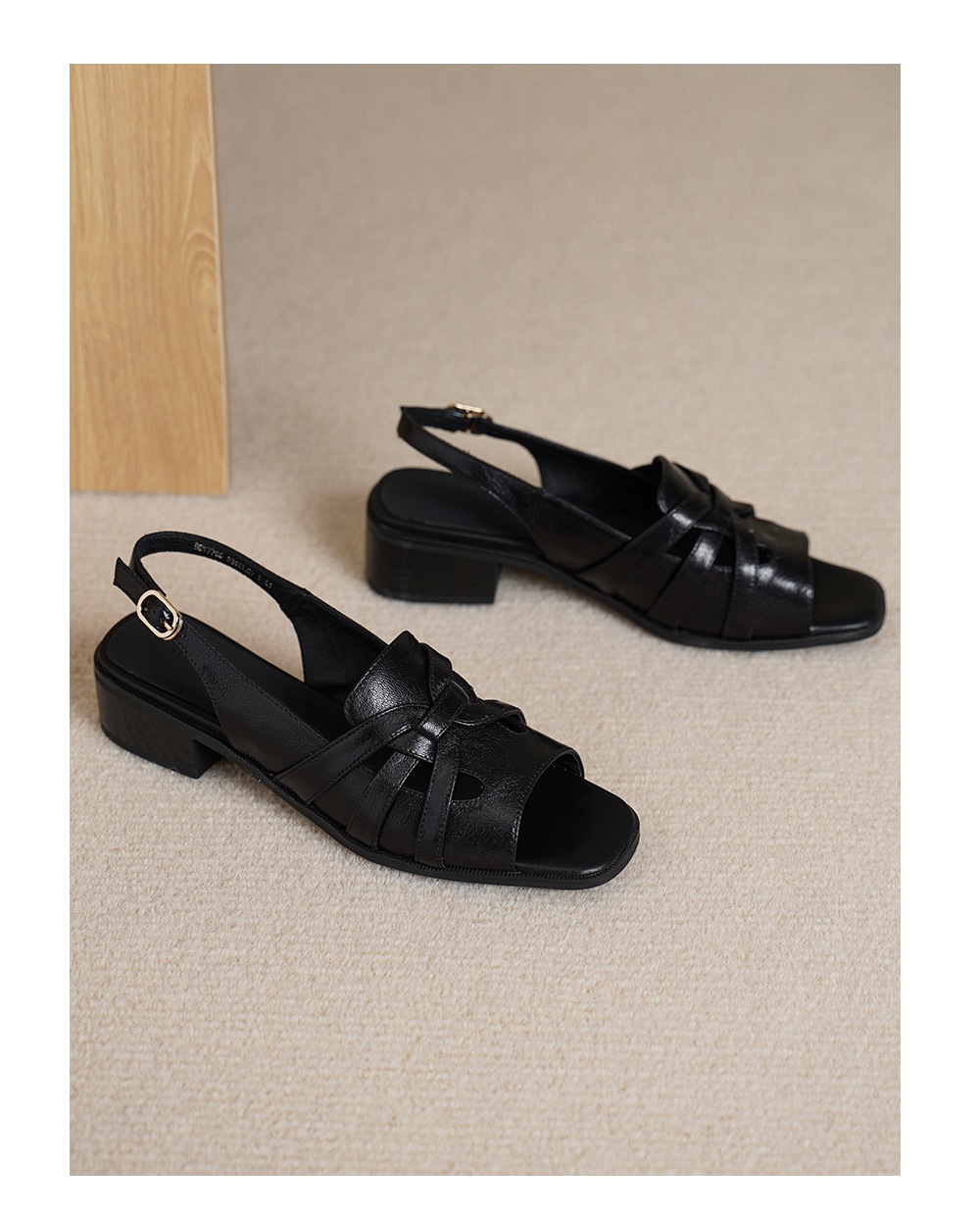 Sandal nữ hở mũi da cừu gót thô phong cách La Mã quai chữ T — đen chi tiết 15